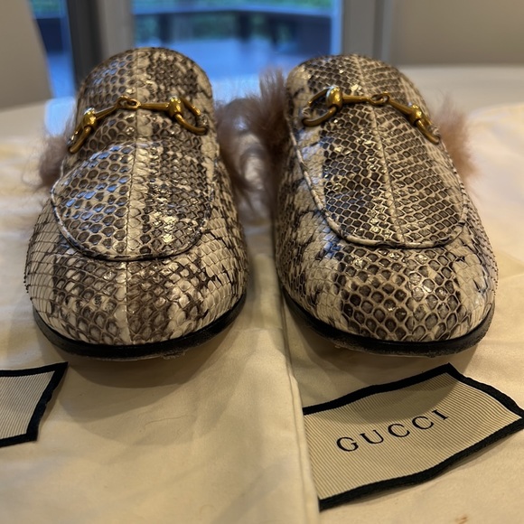 GUCCI Python Snakeskin & Lamb Wool Fur Slip on Princetown - Picture 8 of 13